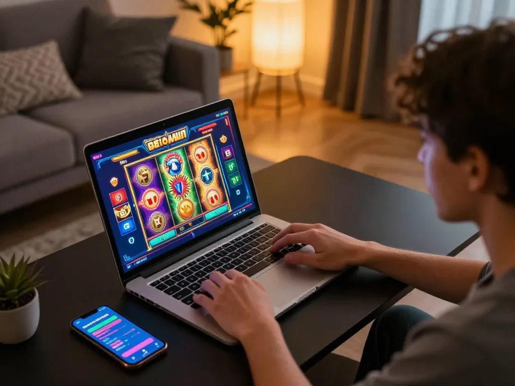 Play engaging F168 casino games using a laptop in a cozy home setup with warm lighting.