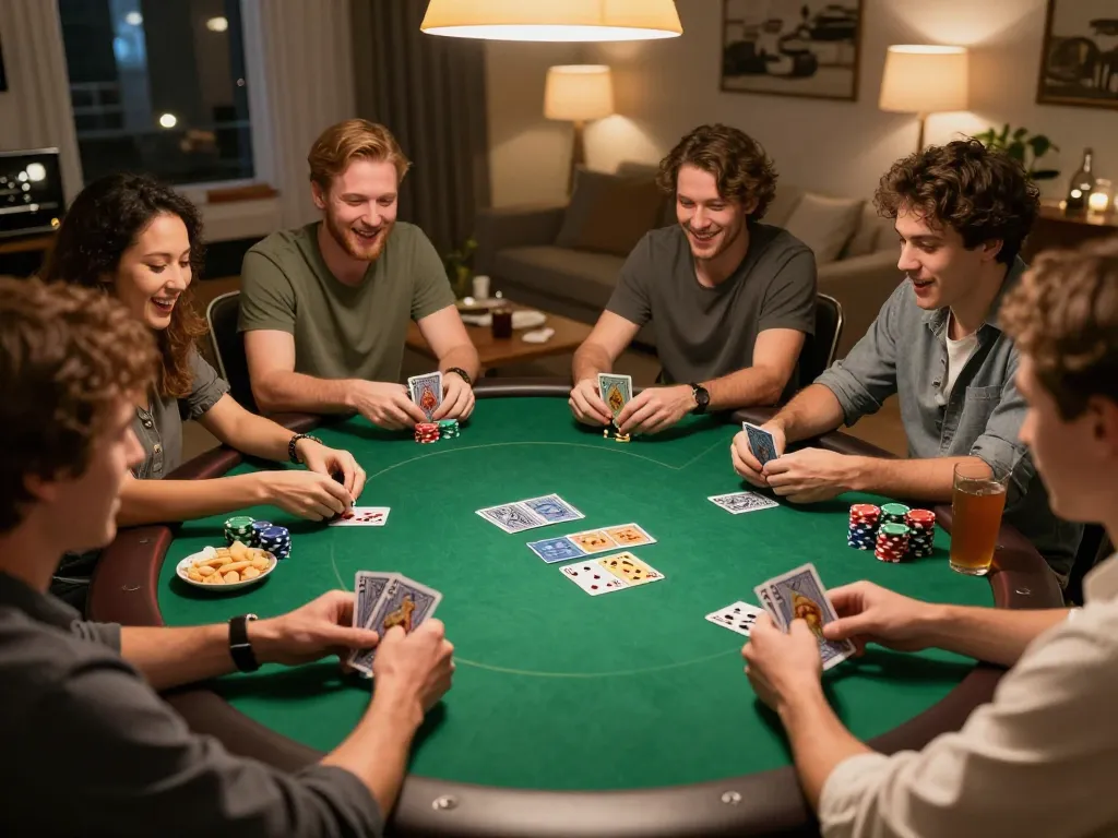 Sahabat yang terlibat bermain poker di rumah, menampilkan adegan judi yang menarik dengan strategi jus77.