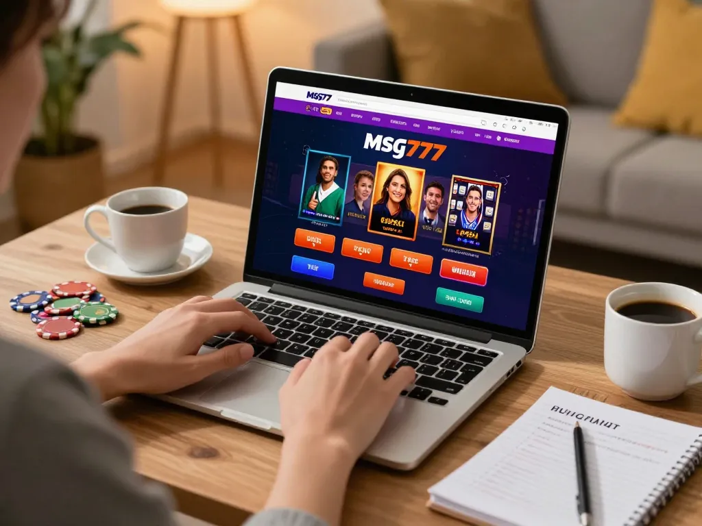 The user engages with the msg777 online casino platform while strategizing on their laptop.