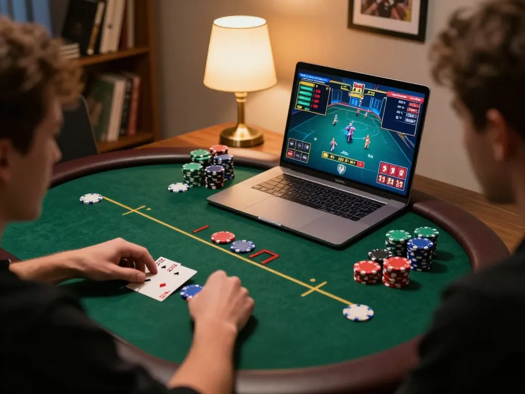 Engaging in an online poker game at GO8 with colorful chips and warm lighting