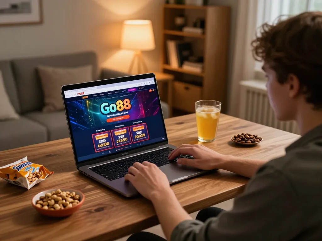 Person enjoying online gameplay on Go88 casino site with cozy home setup.
