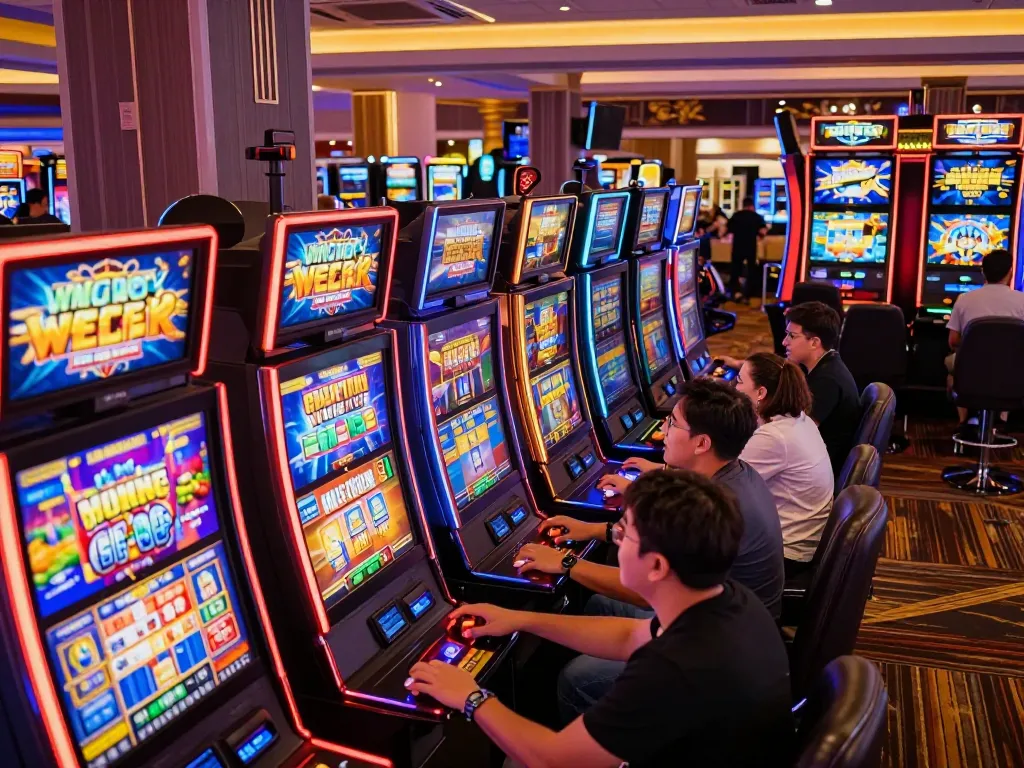 Players enjoying Gsc108 slot machines in a vibrant casino atmosphere, excitement visible on their faces.
