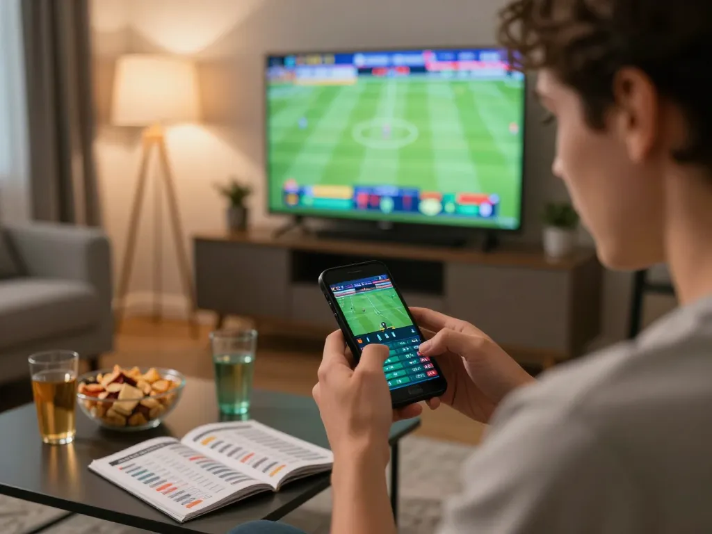 Tỷ lệ kèo nhà cái 5 displayed on a smartphone screen during intense sports betting action, featuring a person placing bets in a cozy living room.