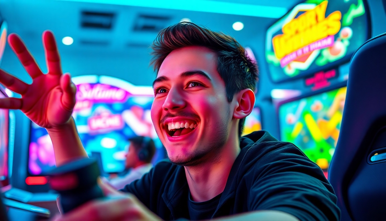 Jogador focado em uma emocionante partida de hi game com telas vibrantes ao fundo.