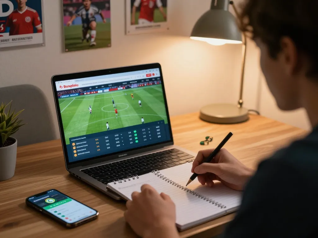 Bongdalu user analyzing sports betting data at home with laptop and notes.