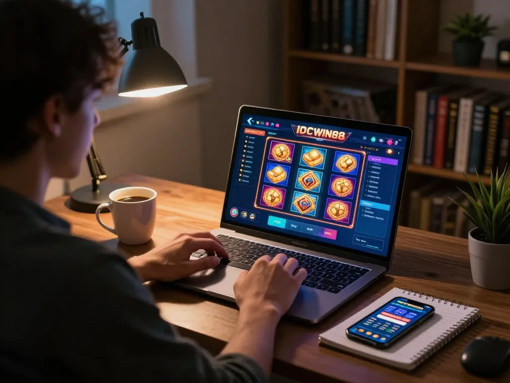 Player enjoying IDCWIN88 slot gameplay on laptop while analyzing strategies, rankthevoteok informing their online gambling experience.