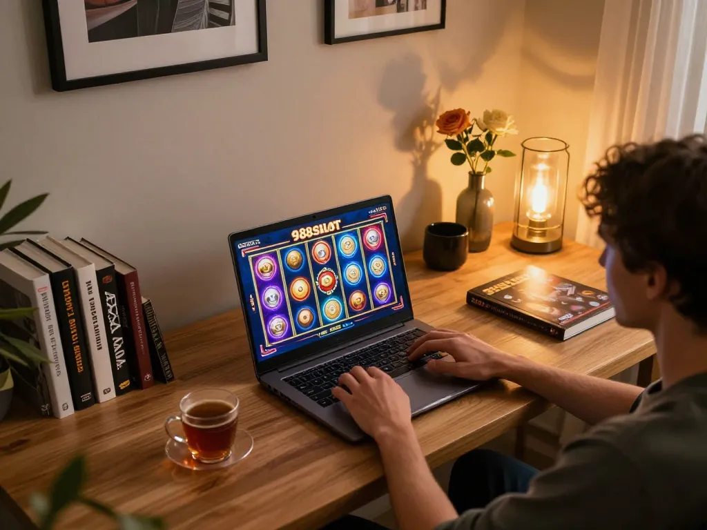 Playing 988slot on a laptop in a cozy, modern home setup with vibrant colors and warm lighting.