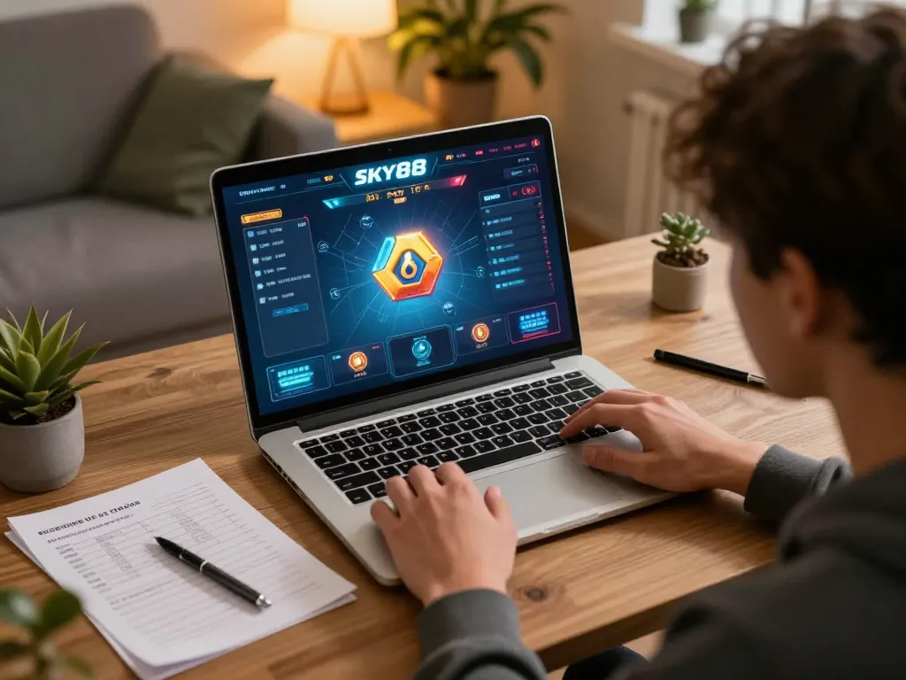 Engaged player enjoying a strategic session of the SKY88 game on a sleek laptop in a cozy environment.