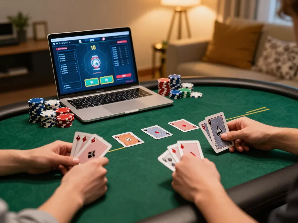 Playing high-stakes online poker on F8bet com with colorful chips in a cozy home setting.