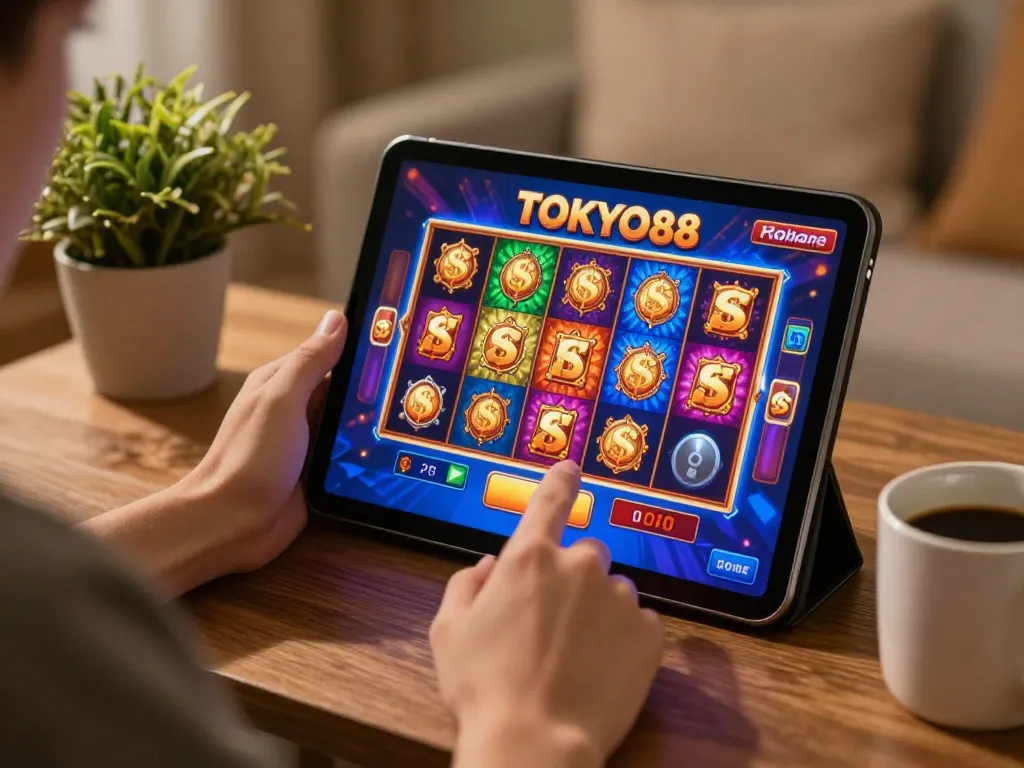 Permainan slot online TOKYO88 yang dimainkan di tablet dalam suasana rumah yang nyaman, menampilkan grafik yang hidup.