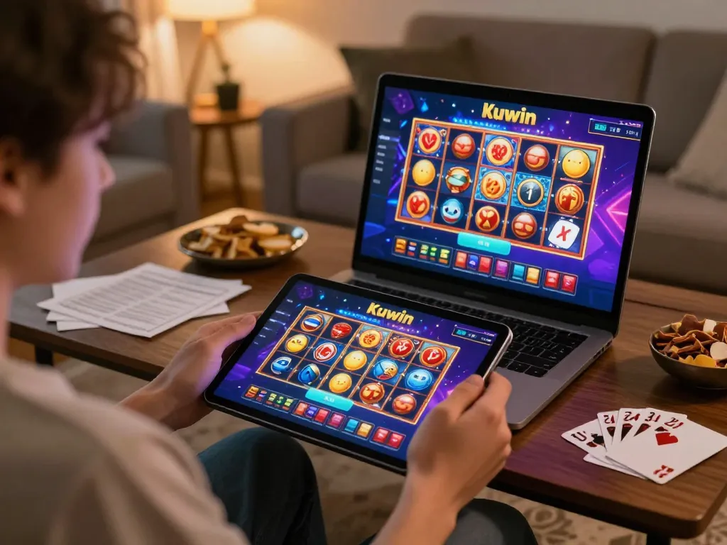 Kuwin player engaging with vibrant casino app on tablet in cozy home setting