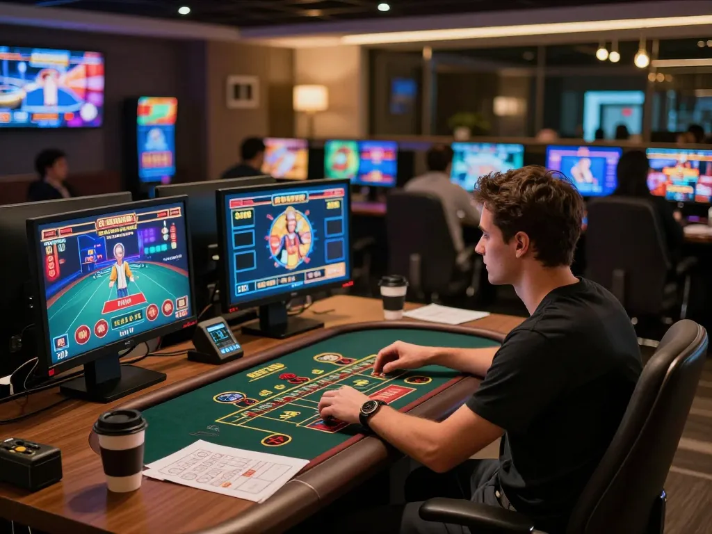 Engaged player strategizing during mb66 online casino session in modern gaming setup.