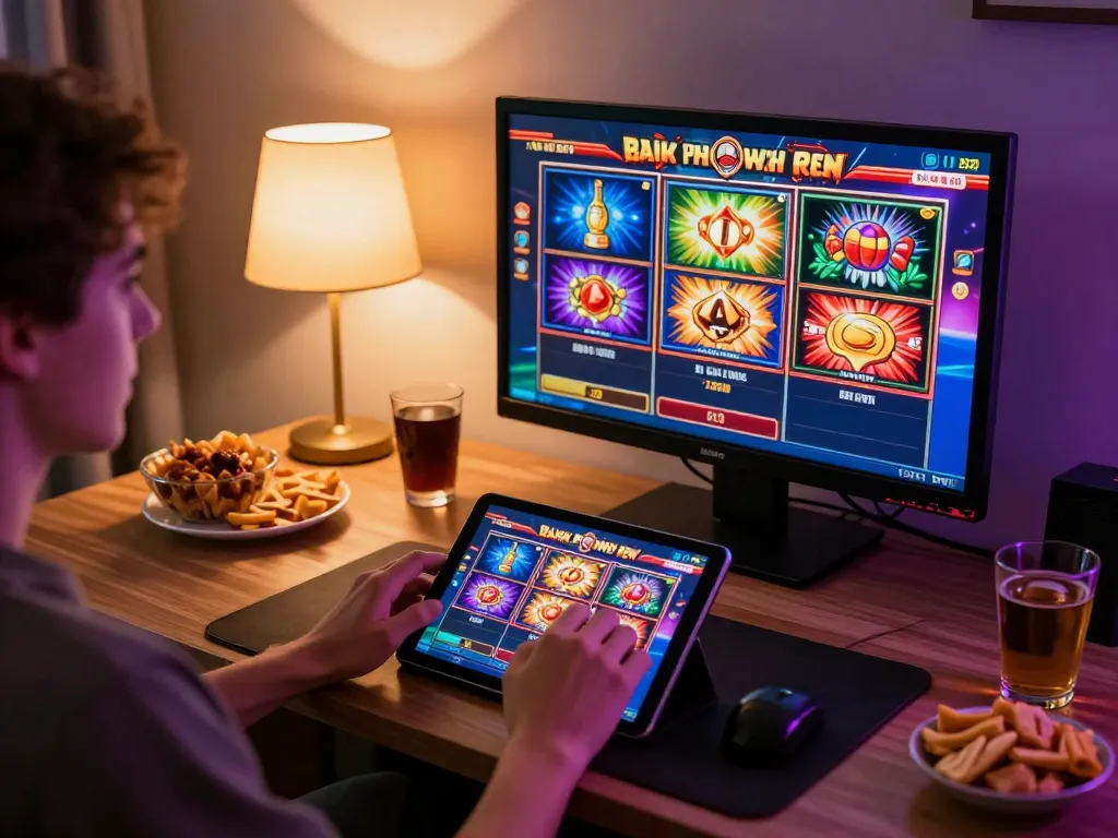 Enjoying playing slots online in a cozy home setting with engaging visuals.