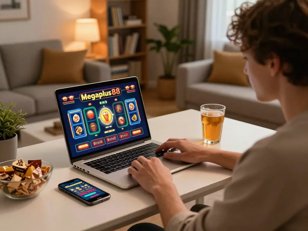 Engaging online gaming session on megaplus88 with a laptop and smartphone in a cozy home setting