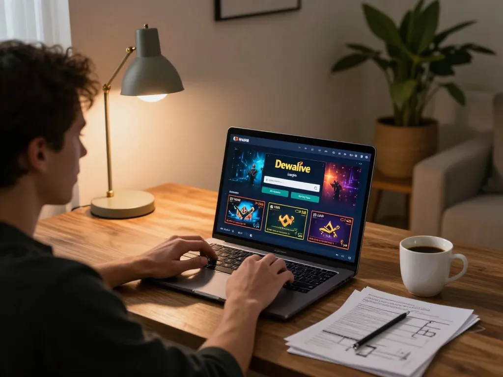 Dewalive Login interface displayed on a laptop while strategically managing bets at home