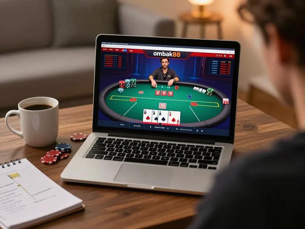 Terlibat dalam permainan poker online dengan antarmuka ombak88 yang terlihat di laptop.