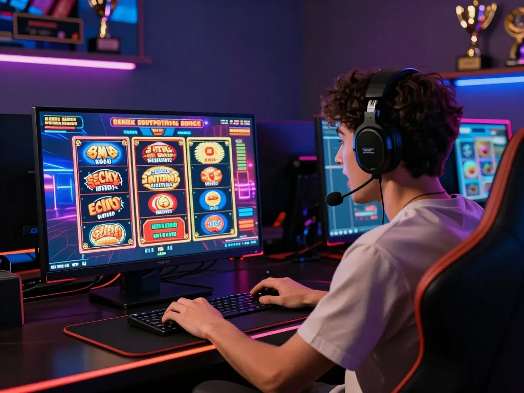 Person playing 88pulsa online casino games in a modern gaming setup with vibrant graphics and LED lights.