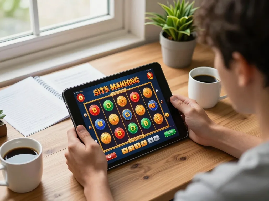 Experience situs slot mahjong gameplay in a cozy home setting with a player engaged on their tablet.