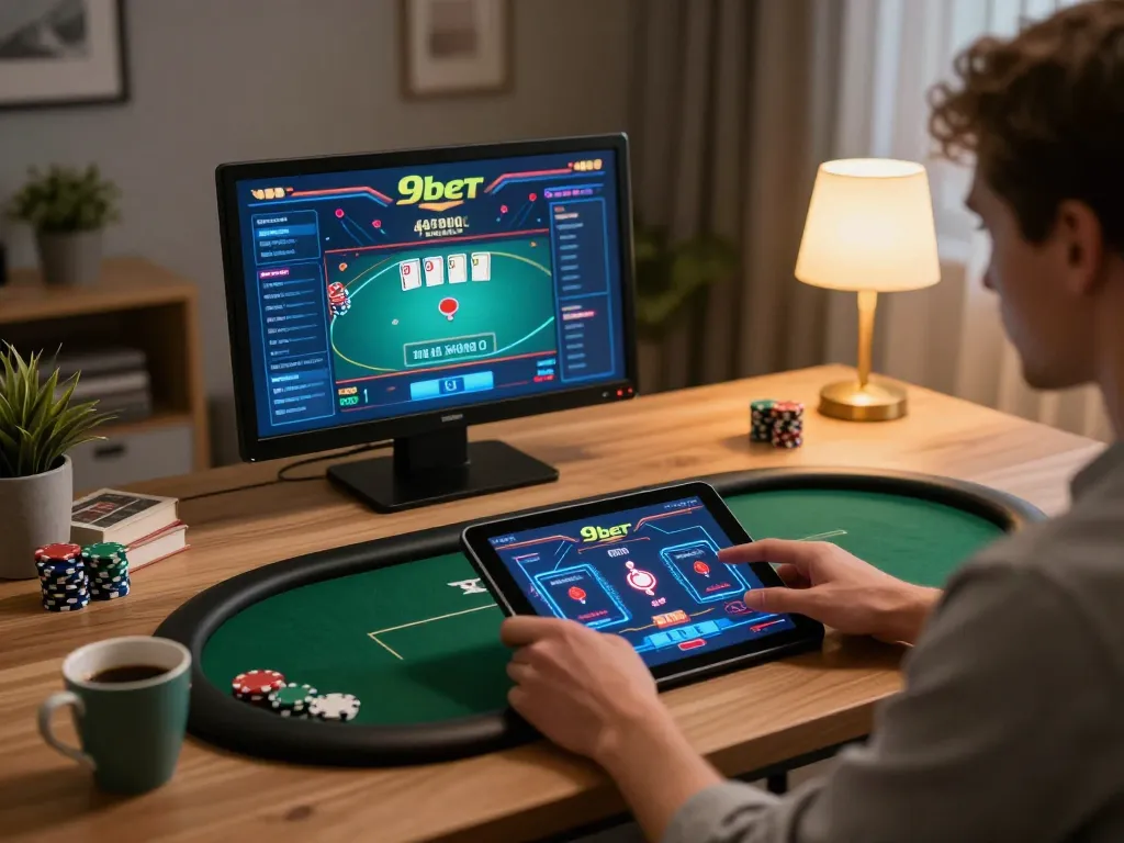 Player enjoying an online casino game on 9bet tablet with poker chips and ambient lighting