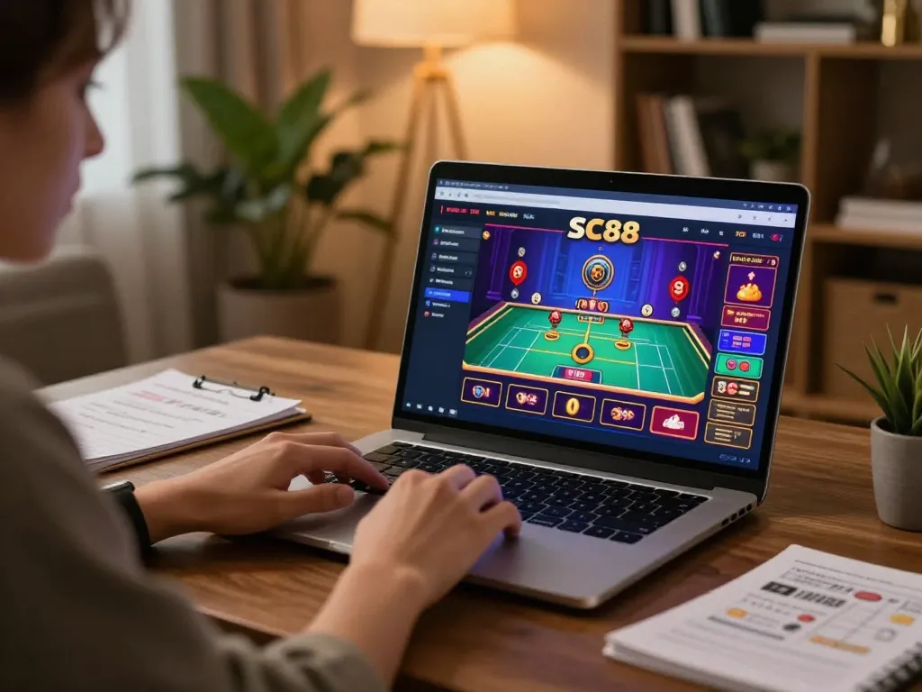 Player enjoying SC88 online casino gaming with laptop in a stylish home office.