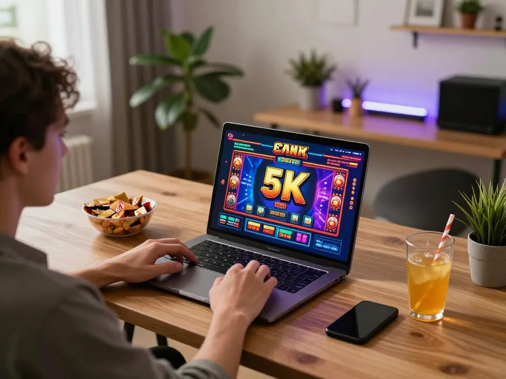 Engaging gameplay with a slot 5k game displayed on a laptop in a cozy home setting