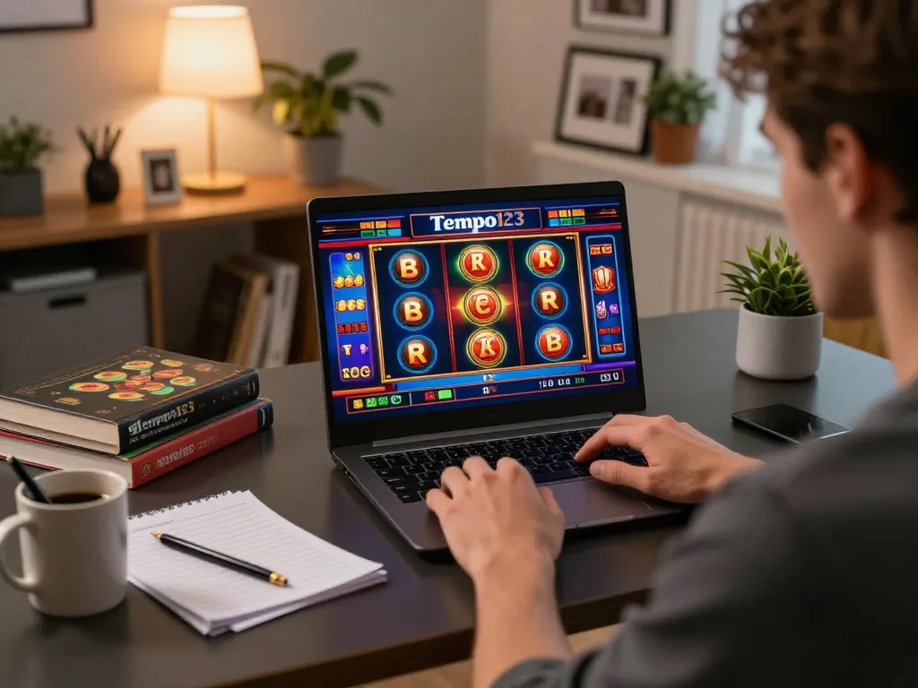 Log into Tempo123 for exciting online slot gameplay in a cozy home office setting.