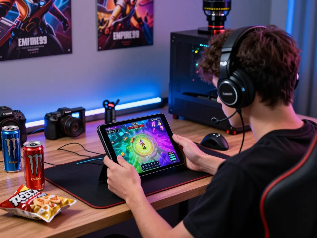 Setup of the EMPIRE99 gaming platform on Android, showcasing gaming accessories and an excited player.