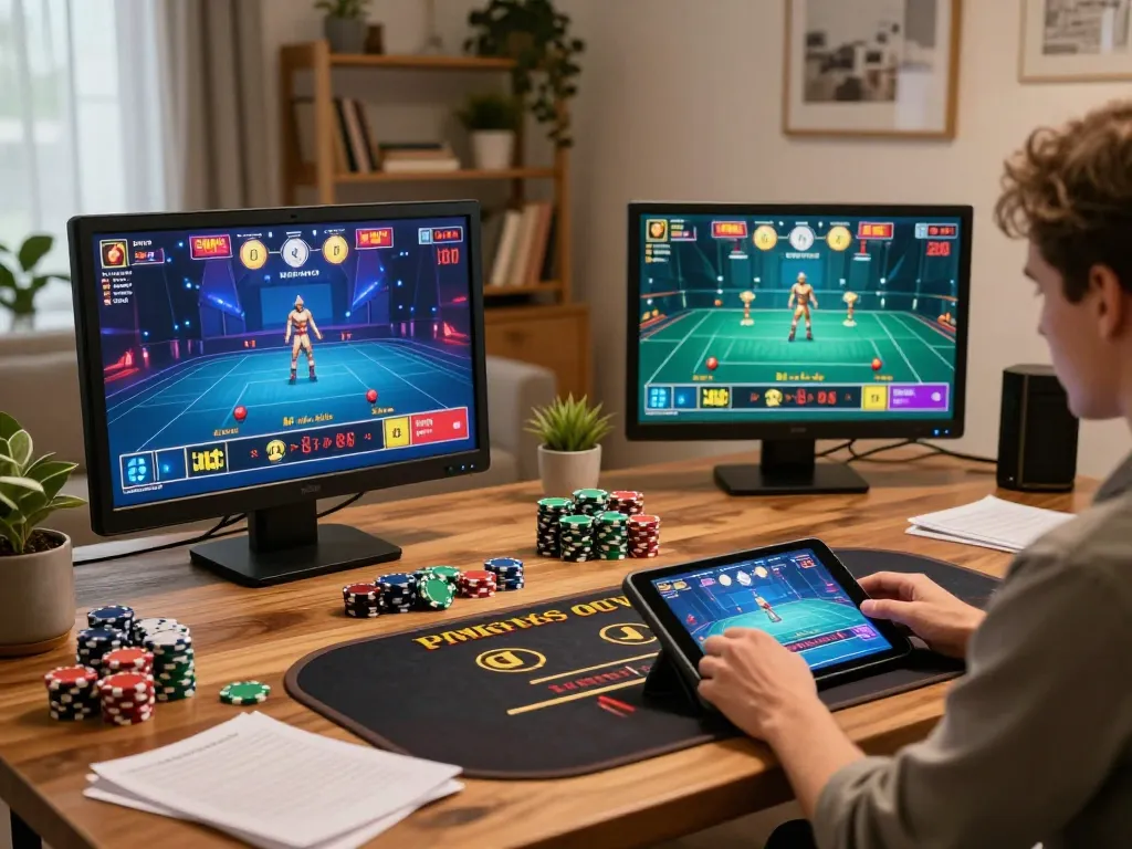 SUNWIN player engaging in live dealer games on a tablet at home, showcasing responsible gaming
