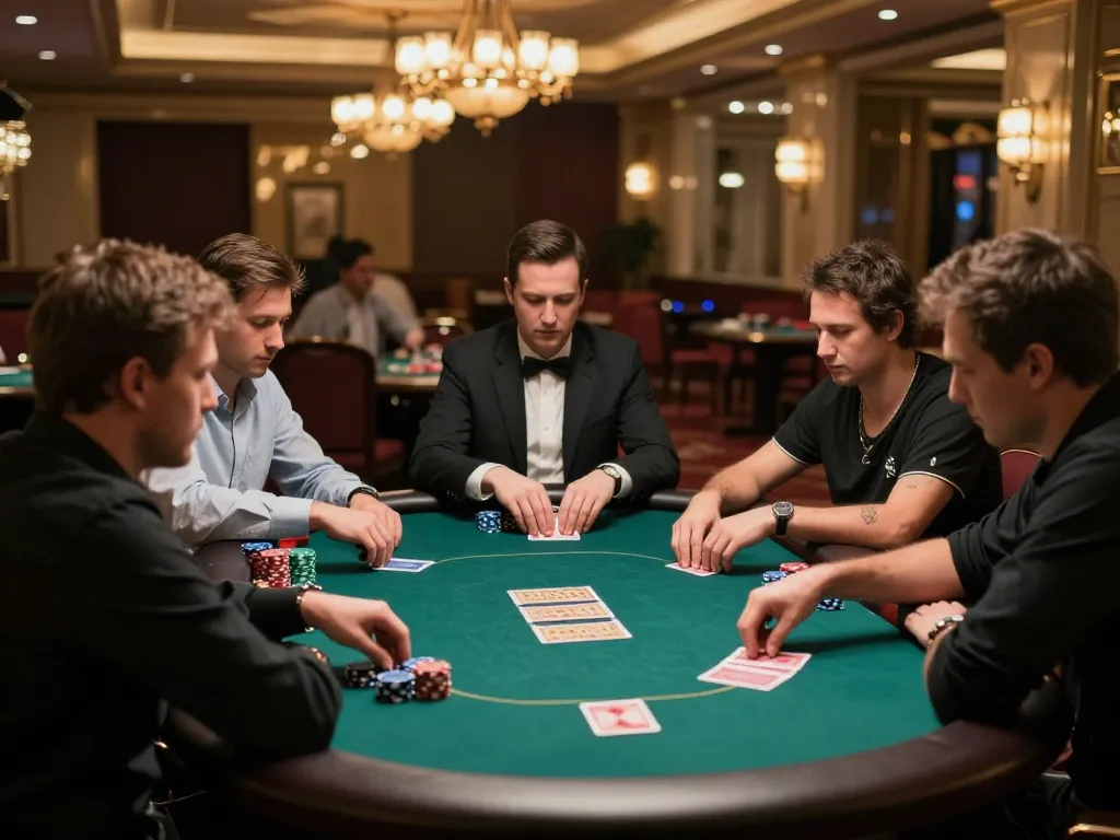 Engaged players at man88a poker table showcase strategy and excitement in a luxury casino.