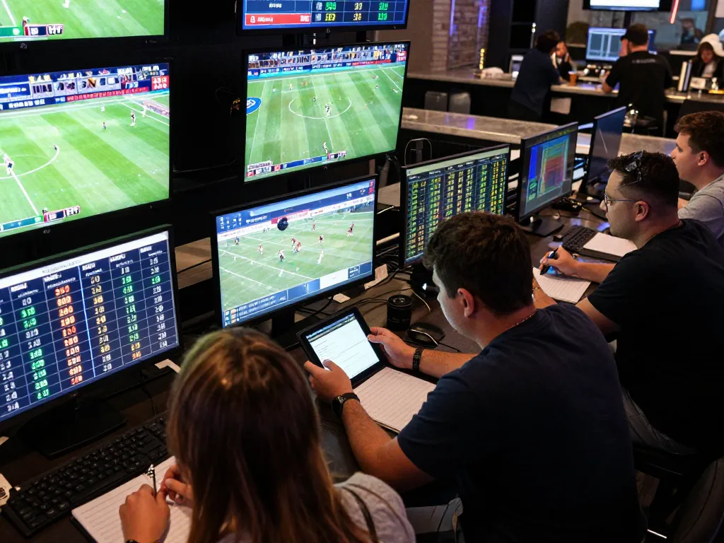 SboBet players placing sports bets in an active betting environment with live screens