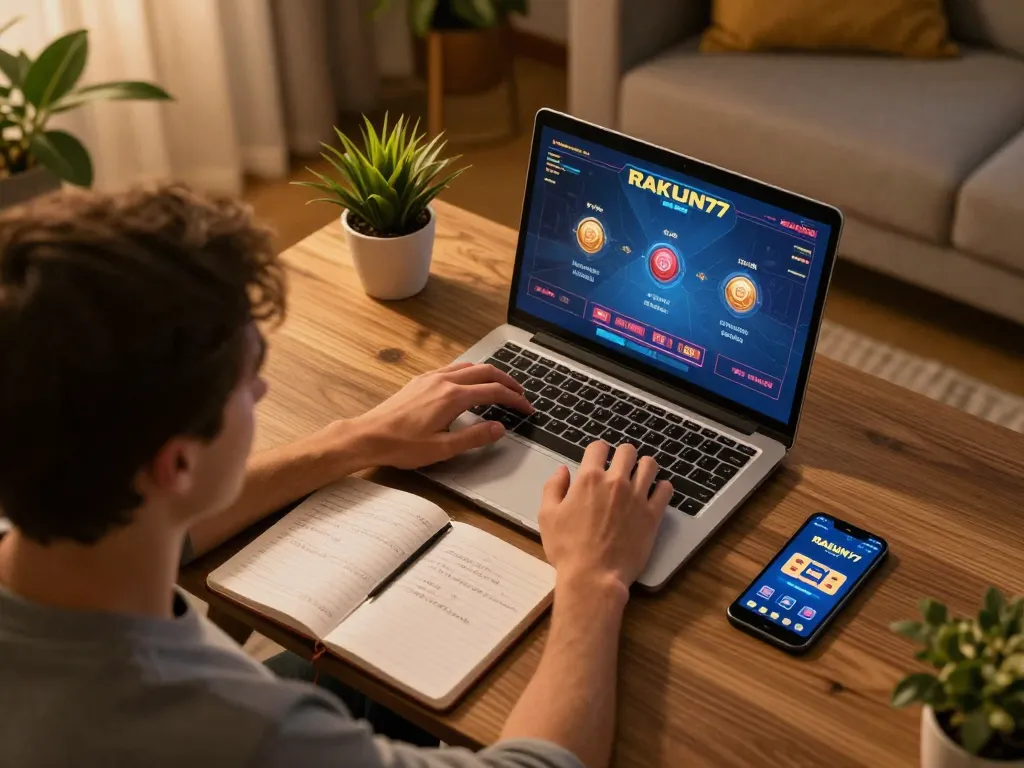 Pemain mengakses RAKUN77 di laptop di rumah, menunjukkan suasana perjudian yang strategis.