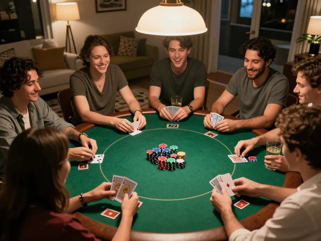Engaging home poker night scene showcasing friends playing poker with 98 win excitement.
