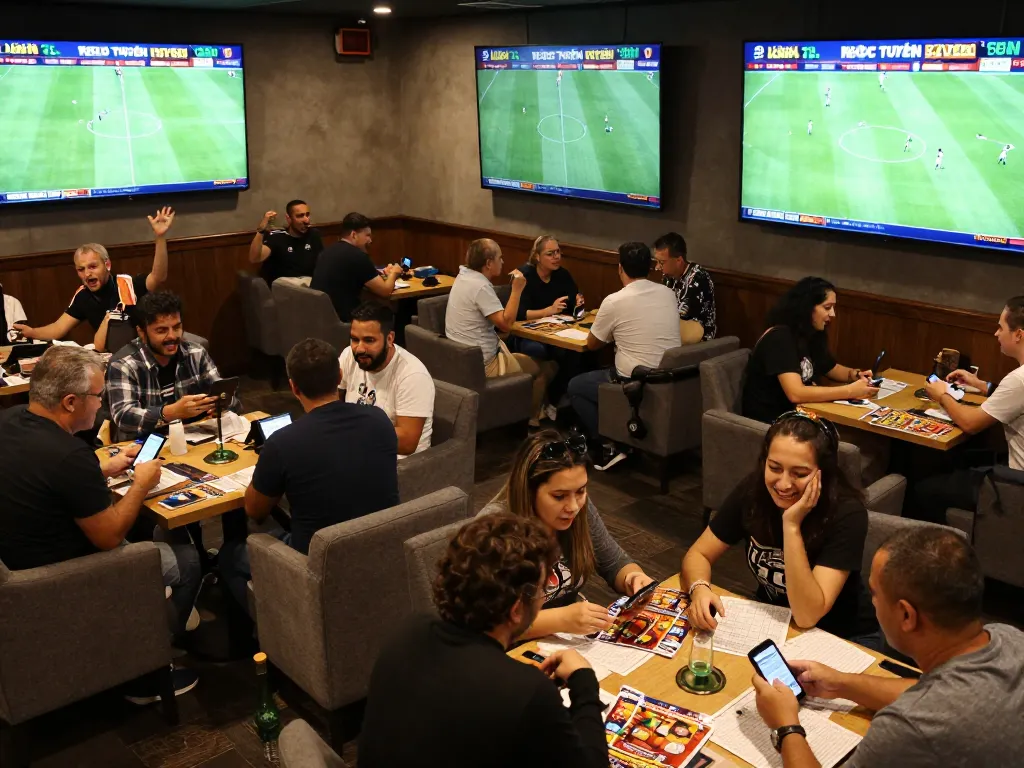 KÈO TRỰC TUYẾN sports betting scene with fans cheering and engaging in live odds.