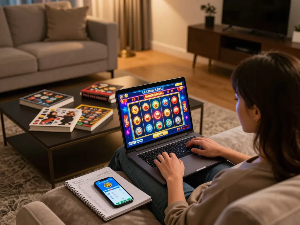 Engaged player exploring winning strategies at Luck8 com on a stylish sofa, showcasing engaging online casino experience.