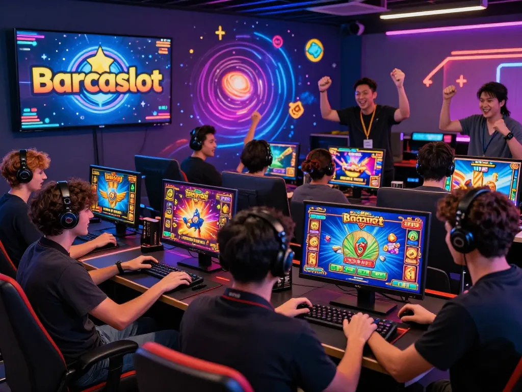 Exciting Barcaslot online gaming scene with diverse players enjoying vibrant digital slot games, showcasing colorful graphics.