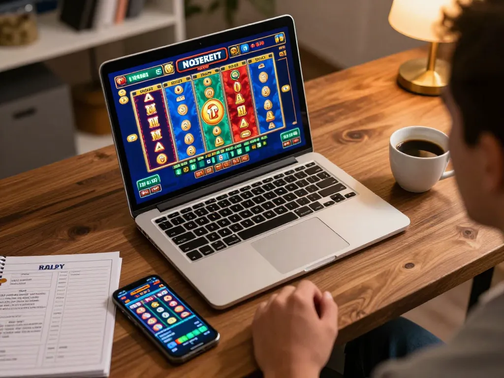 Engaging home scene of online slot gaming, featuring vibrant slot online interface and cozy atmosphere.