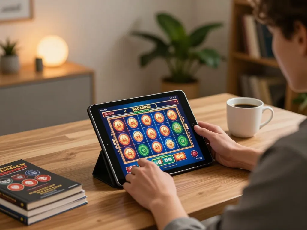 Player engaging in online casino gaming at ALO8, strategizing with betting notes and tablet interface.