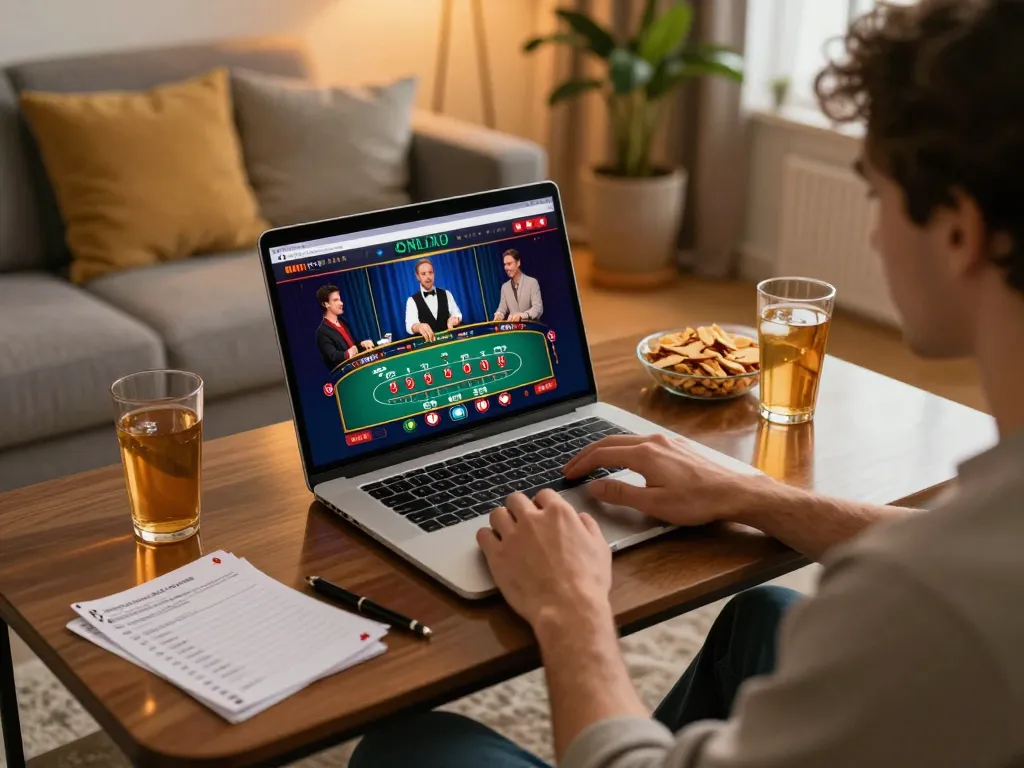 Player participating in online blackjack at home using debet casino interface, warm lighting, snacks around.