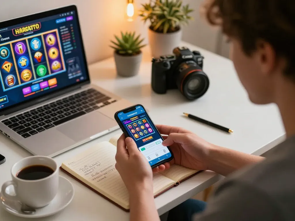 Pemain terlibat dengan permainan slot HARGATOTO di smartphone, menunjukkan gameplay toto yang menarik.