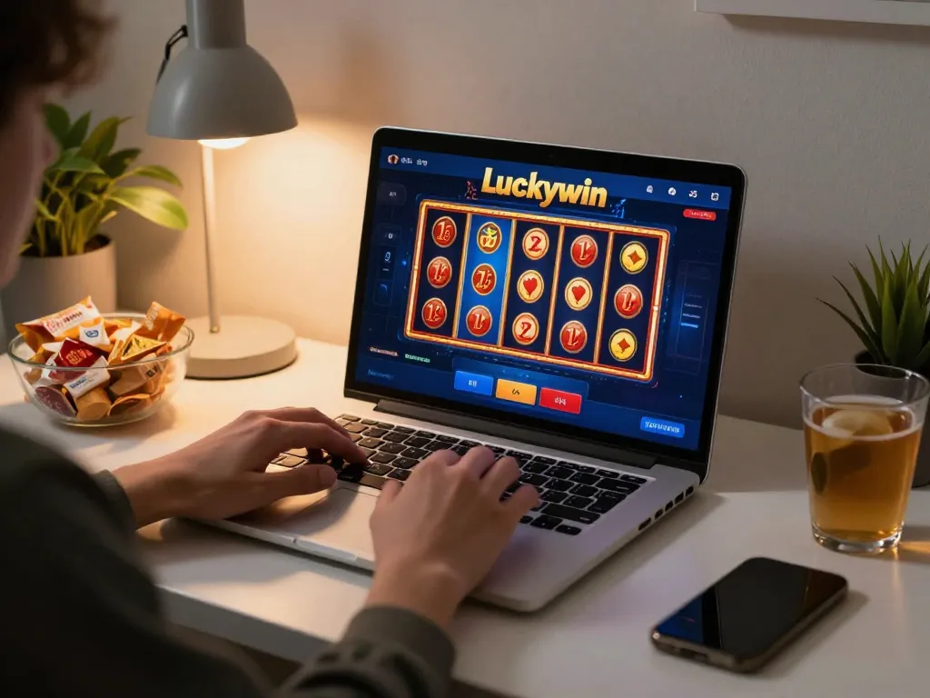 Engaging in online casino gaming with luckywin app on a stylish laptop setup, showcasing a strategic gaming environment.