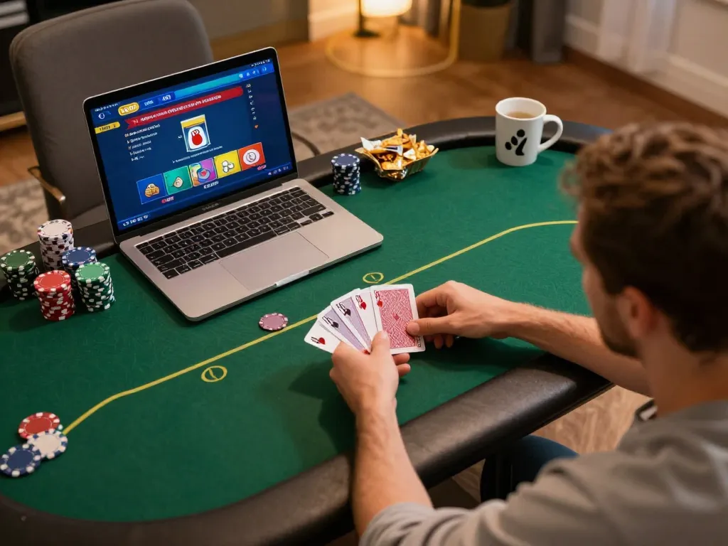 Playing lucky88 poker online with illuminated gaming interface and cozy home setting.