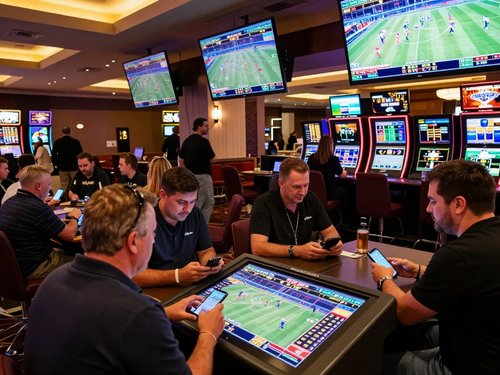 Exciting scene of sports betting lounge showcasing ty le keo nha cai odds on screens amid enthusiastic gamblers discussing strategies