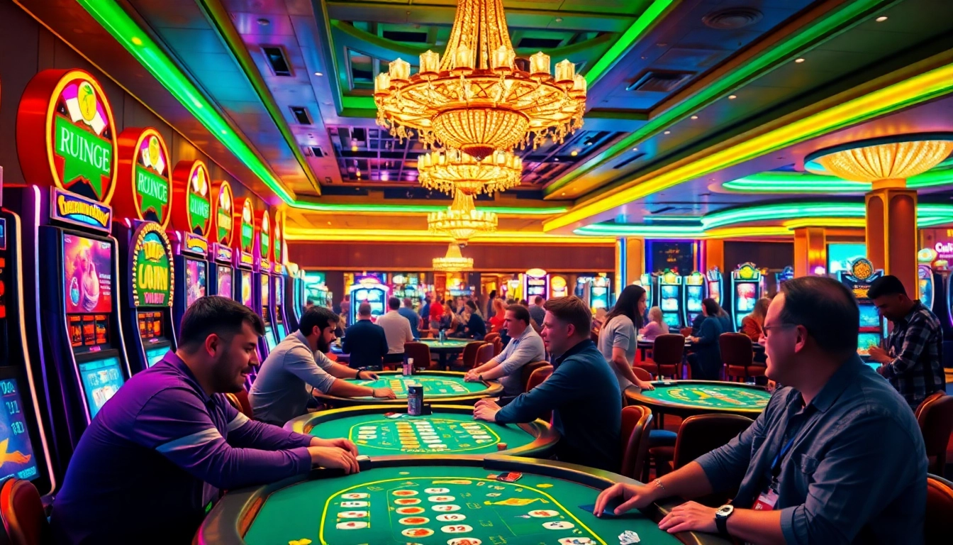 Erlebe das Casino Spielen in einem lebhaften Casino mit bunten Spielautomaten und fröhlichen Spielern.