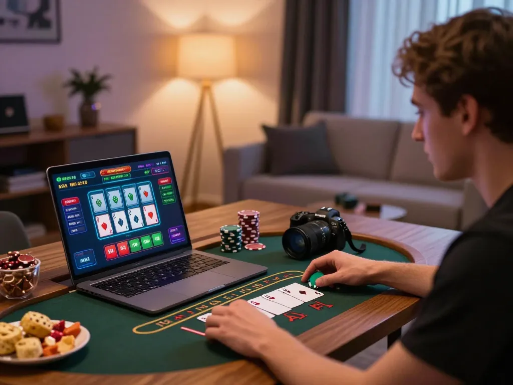 Pemain menikmati pengalaman blackjack online di platform SN2121 di rumah, antarmuka yang cerah ditampilkan.