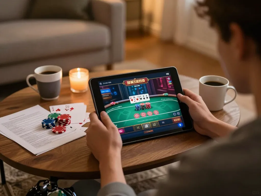 Player immersed in BK8 online casino poker game, blending strategy and relaxation in a cozy home setting