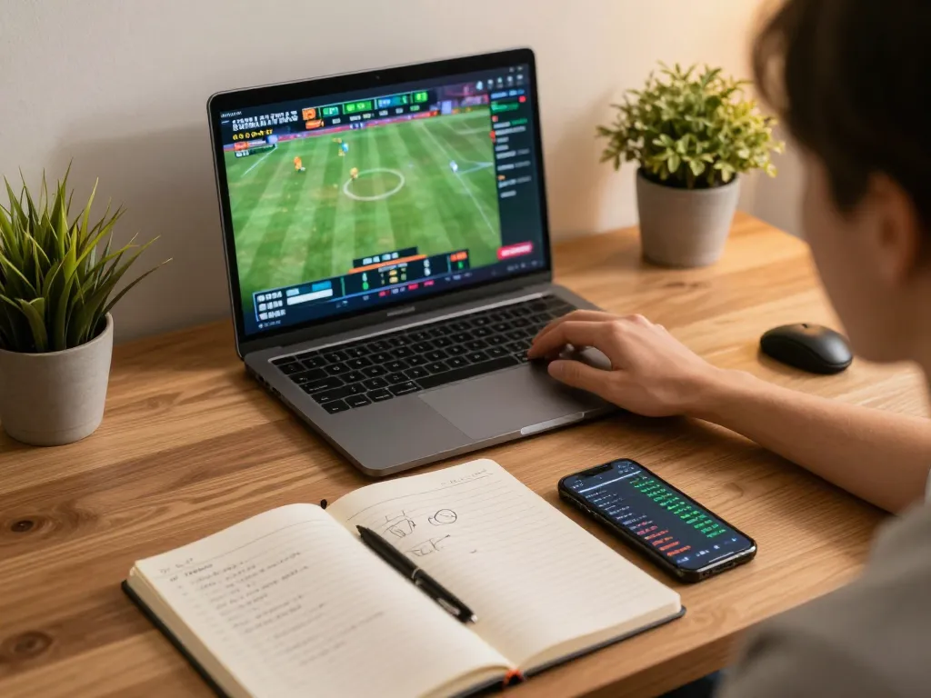 Person placing bets on fabet while enjoying live sports streaming on a laptop at home