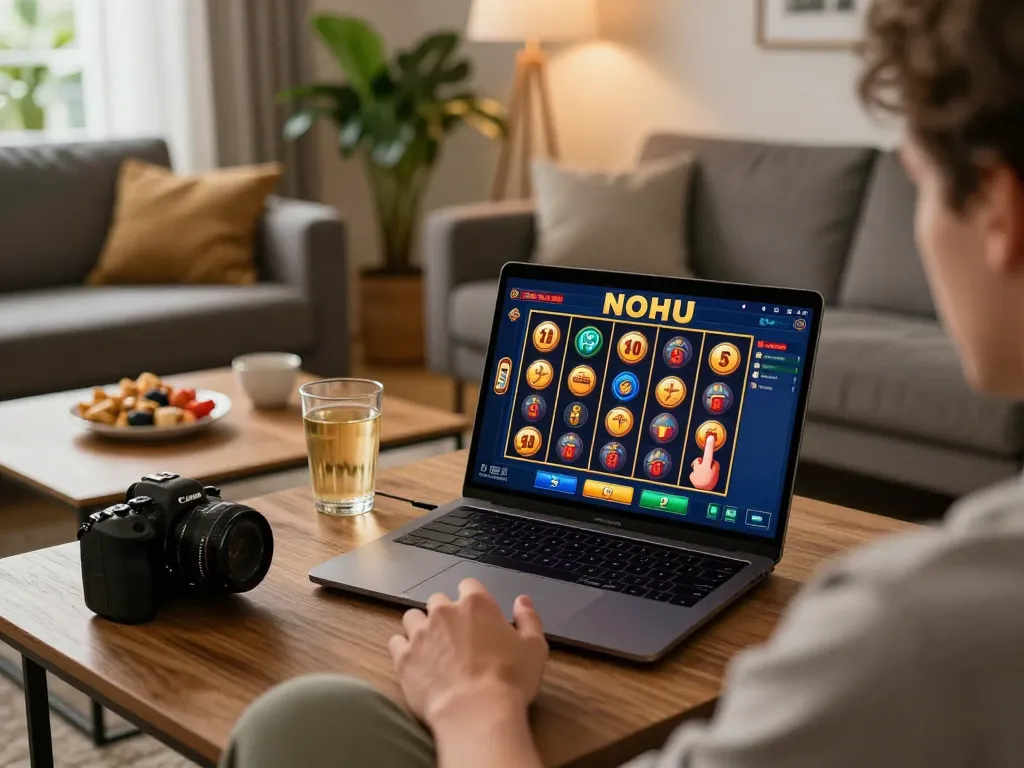 Engaging in a nohu slot game online from a cozy living room, showcasing a player ready to spin.