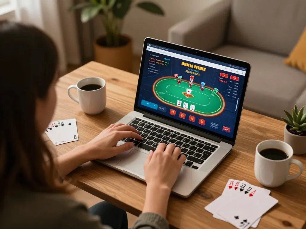Player engaging in 99Win online poker game at home desk with cozy setup