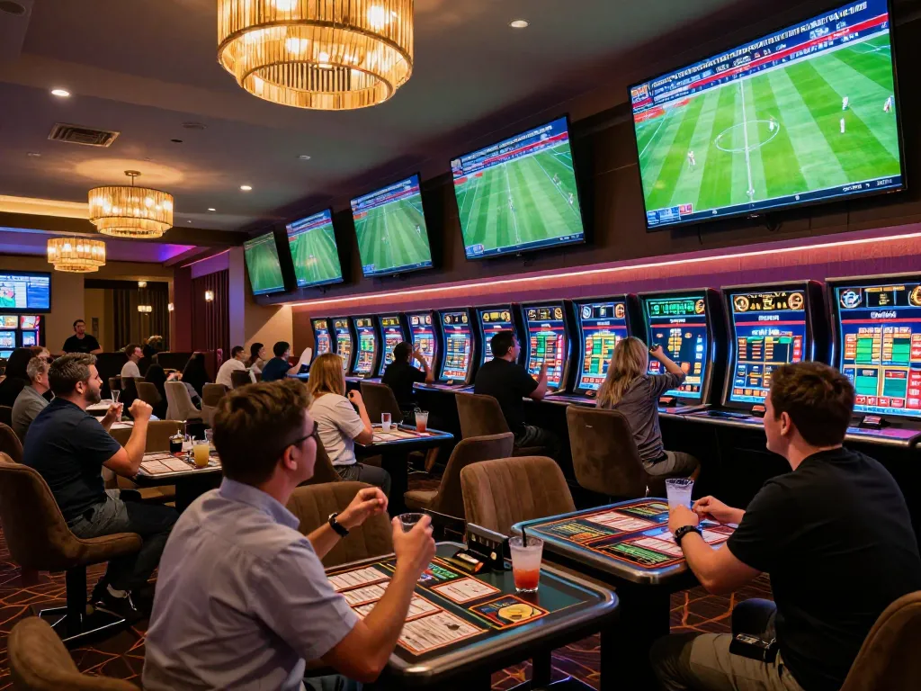nddo sports fans analyzing betting terms in lively casino lounge