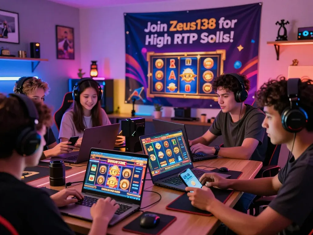 Players enjoying Zeus138's high RTP slots in a lively gaming room atmosphere.